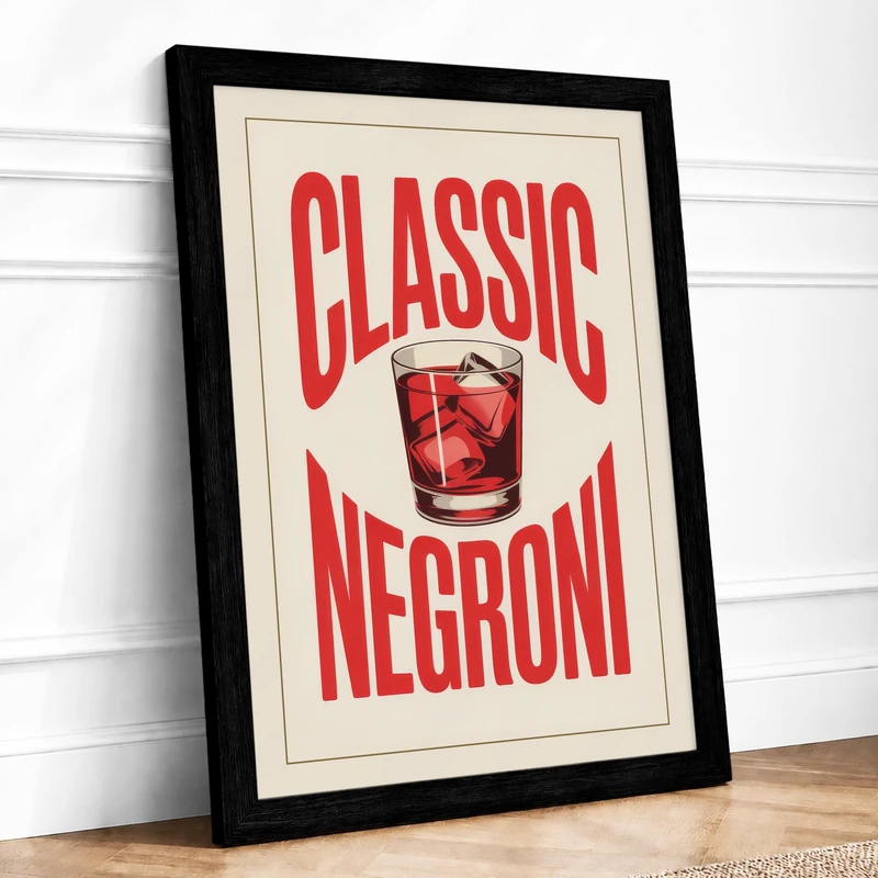 Classic Negroni Retro Framed Wall Art Print A1 (84.1×59.4cm) Black, Wall Decor for Living Room, Bedroom, Office & Home, Ready to Hang, Art Gift