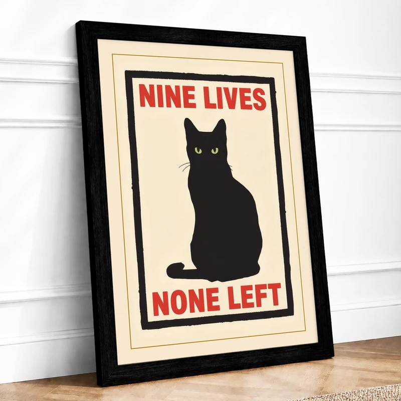 Nine Lives None Left Typography Framed Wall Art Print A1 (84.1×59.4cm) Black, Wall Decor for Living Room, Bedroom, Office & Home, Ready to Hang, Art Gift