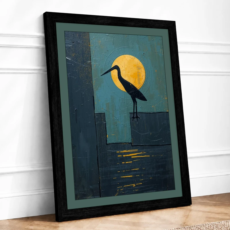 Crane and Moon Minimalist Framed Wall Art Print A1 (84.1×59.4cm) Black, Wall Decor for Living Room, Bedroom, Office & Home, Ready to Hang, Art Gift - Image 1
