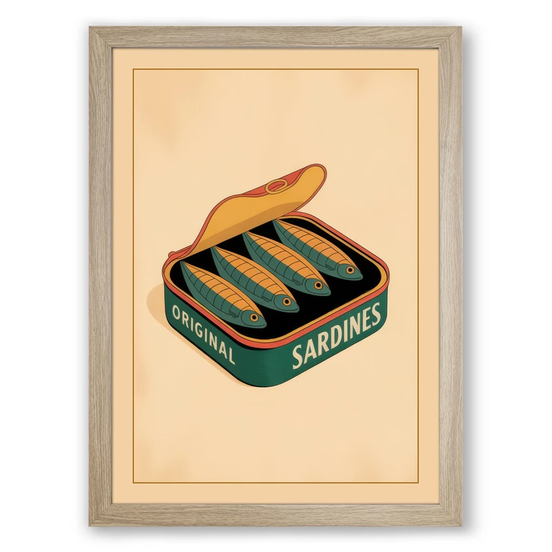 Sardine Tin Vintage Framed Wall Art Print A1 (84.1×59.4cm) Oak, Wall Decor for Living Room, Bedroom, Office & Home, Ready to Hang, Art Gift