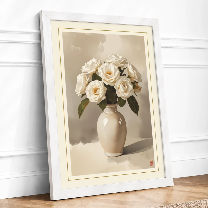 Pale Roses and Vase Botanical Framed Wall Art Print A1 (84.1×59.4cm) White, Wall Decor for Living Room, Bedroom, Office & Home, Ready to Hang, Art Gift - Image 1
