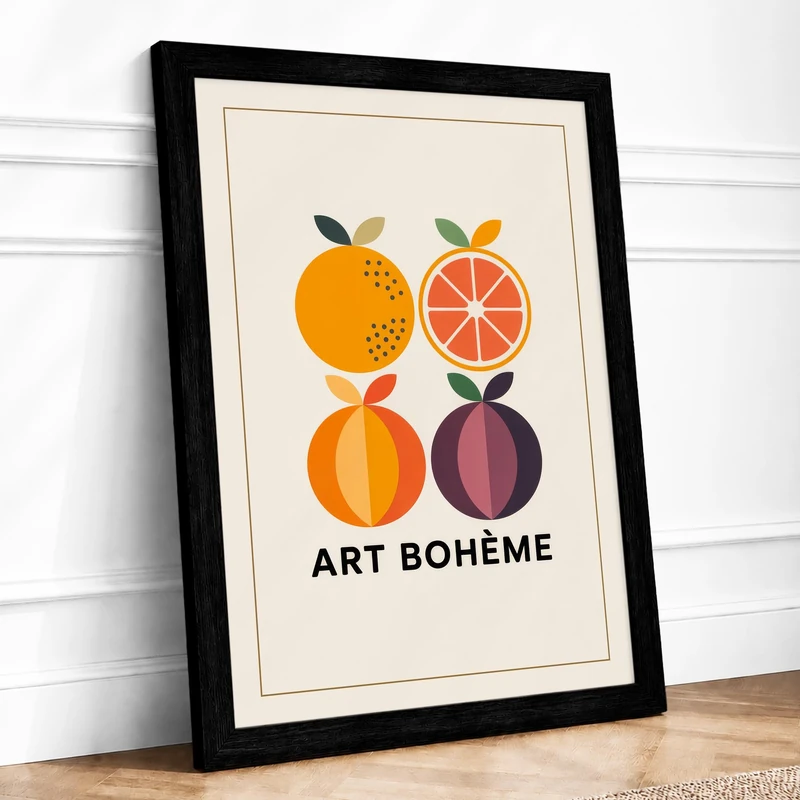 Fruits in Grid Mid-Century Framed Wall Art Print A1 (84.1×59.4cm) Black, Wall Decor for Living Room, Bedroom, Office & Home, Ready to Hang, Art Gift
