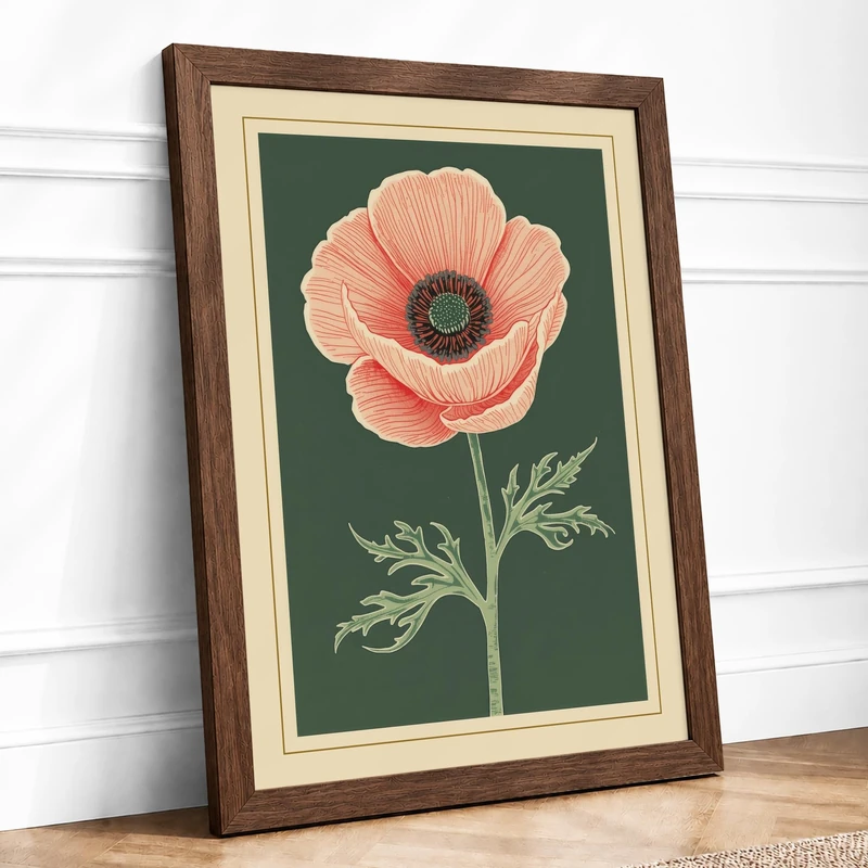 Coral Poppy Study Botanical Framed Wall Art Print A1 (84.1×59.4cm) Walnut, Wall Decor for Living Room, Bedroom, Office & Home, Ready to Hang, Art Gift
