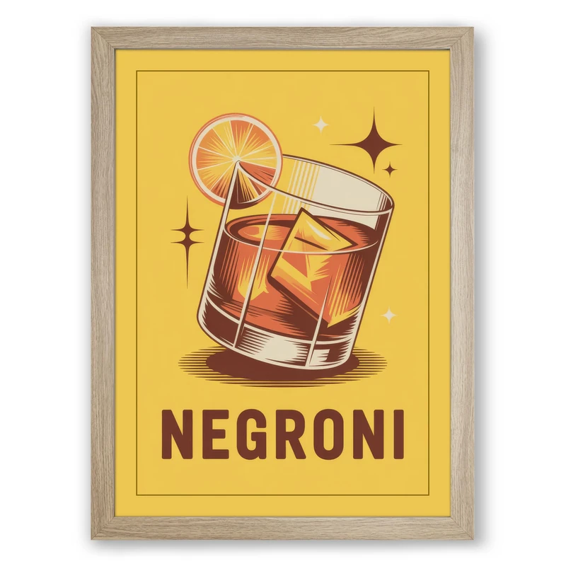 Negroni Cocktail Poster Retro Framed Wall Art Print A1 (84.1×59.4cm) Oak, Wall Decor for Living Room, Bedroom, Office & Home, Ready to Hang, Art Gift