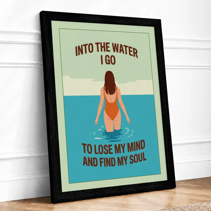 Into The Water I Go Coastal Framed Wall Art Print A1 (84.1×59.4cm) Black, Wall Decor for Living Room, Bedroom, Office & Home, Ready to Hang, Art Gift - Image 1