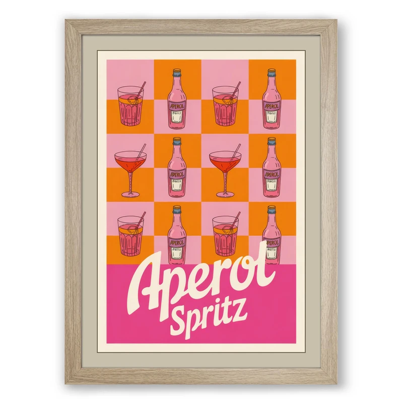 Aperol Spritz Grid Retro Framed Wall Art Print A1 (84.1×59.4cm) Oak, Wall Decor for Living Room, Bedroom, Office & Home, Ready to Hang, Art Gift