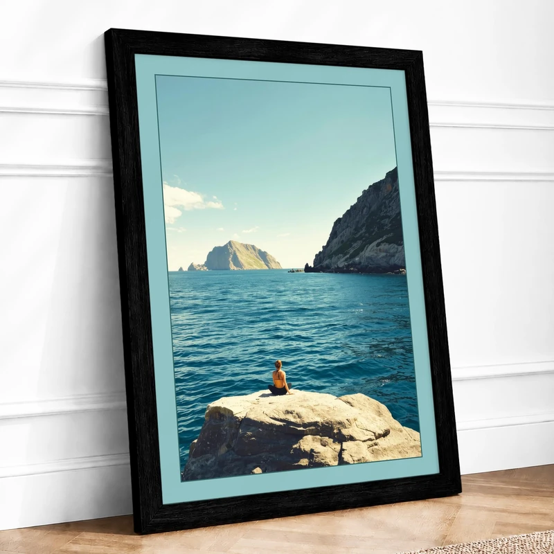 Solitary Gaze at Sea Coastal Framed Wall Art Print A1 (84.1×59.4cm) Black, Wall Decor for Living Room, Bedroom, Office & Home, Ready to Hang, Art Gift - Image 1