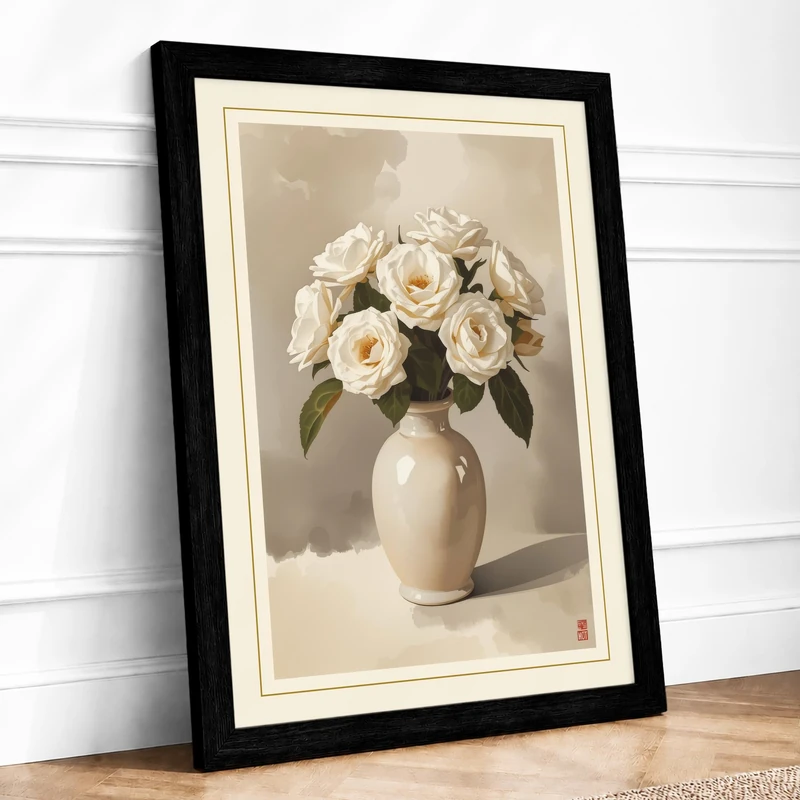 Pale Roses and Vase Botanical Framed Wall Art Print A1 (84.1×59.4cm) Black, Wall Decor for Living Room, Bedroom, Office & Home, Ready to Hang, Art Gift