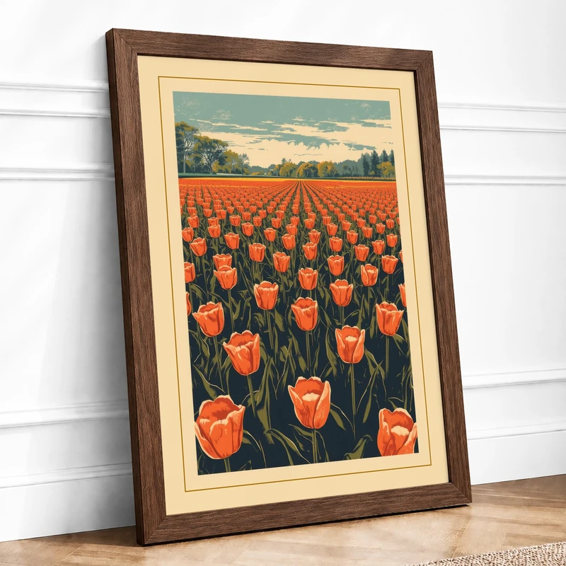 Red Tulips at Dusk Botanical Framed Wall Art Print A1 (84.1×59.4cm) Walnut, Wall Decor for Living Room, Bedroom, Office & Home, Ready to Hang, Art Gift - Image 1