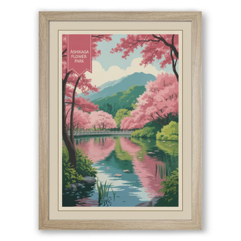 Riverside Cherry Blossom Vintage Framed Wall Art Print A1 (84.1×59.4cm) Oak, Wall Decor for Living Room, Bedroom, Office & Home, Ready to Hang, Art Gift