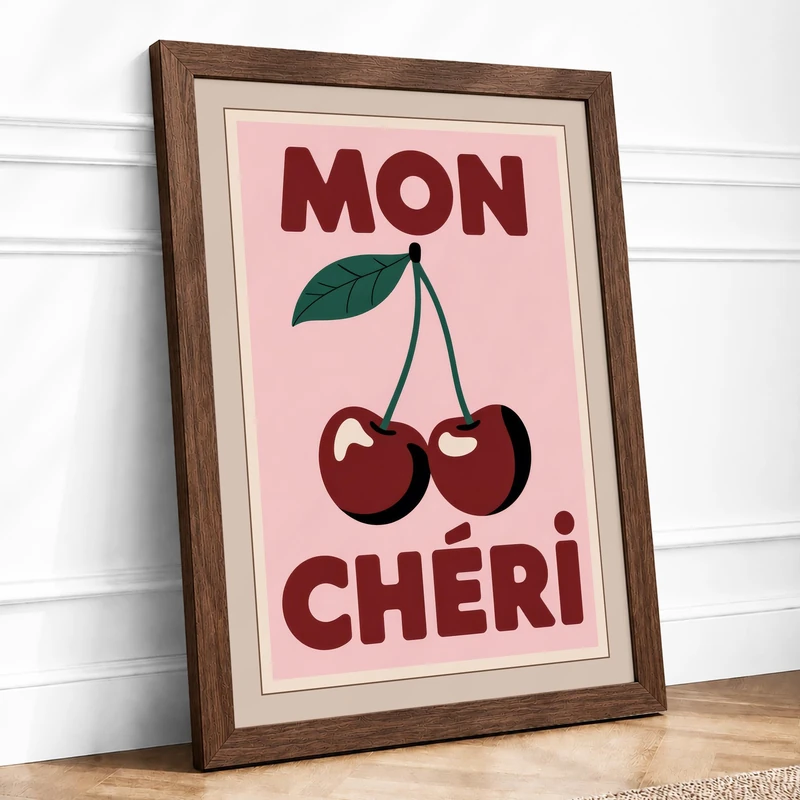 Mon Chéri Retro Framed Wall Art Print A1 (84.1×59.4cm) Walnut, Wall Decor for Living Room, Bedroom, Office & Home, Ready to Hang, Art Gift