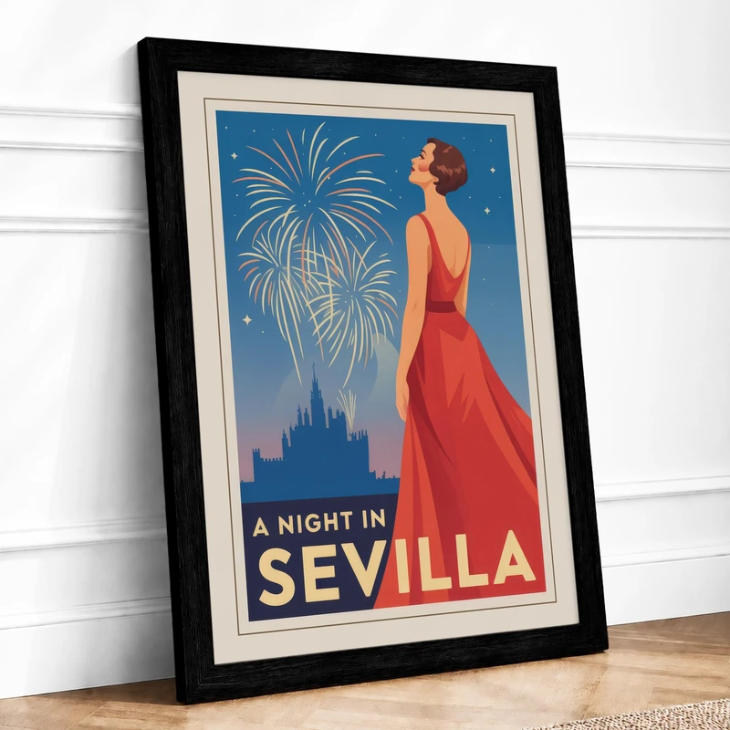 A Night in Seville Vintage Framed Wall Art Print A1 (84.1×59.4cm) Black, Wall Decor for Living Room, Bedroom, Office & Home, Ready to Hang, Art Gift