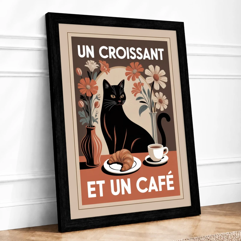 Un Croissant et Un Café Vintage Framed Wall Art Print A1 (84.1×59.4cm) Black, Wall Decor for Living Room, Bedroom, Office & Home, Ready to Hang, Art Gift