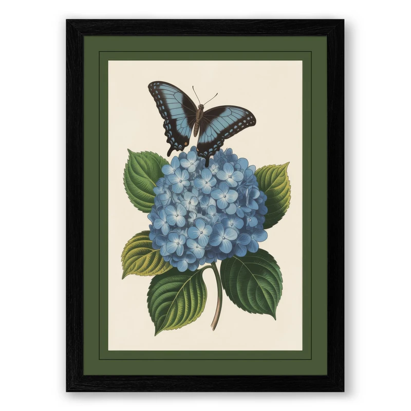 Hydrangea and Butterfly Botanical Framed Wall Art Print A1 (84.1×59.4cm) Black, Wall Decor for Living Room, Bedroom, Office & Home, Ready to Hang, Art Gift