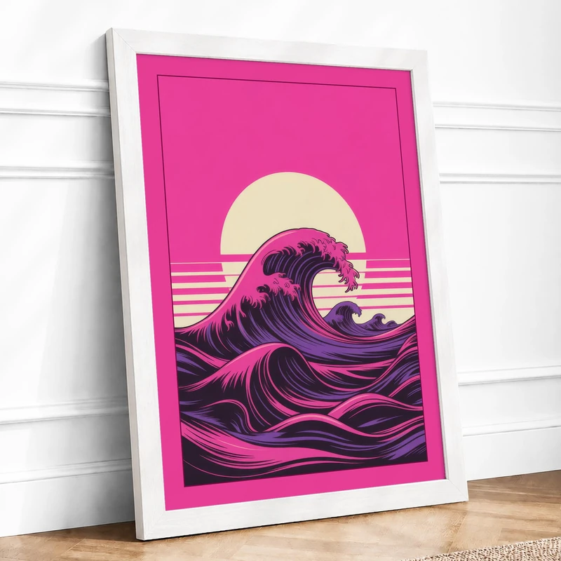 Magenta Wave at Dusk Retro Framed Wall Art Print A1 (84.1×59.4cm) White, Wall Decor for Living Room, Bedroom, Office & Home, Ready to Hang, Art Gift