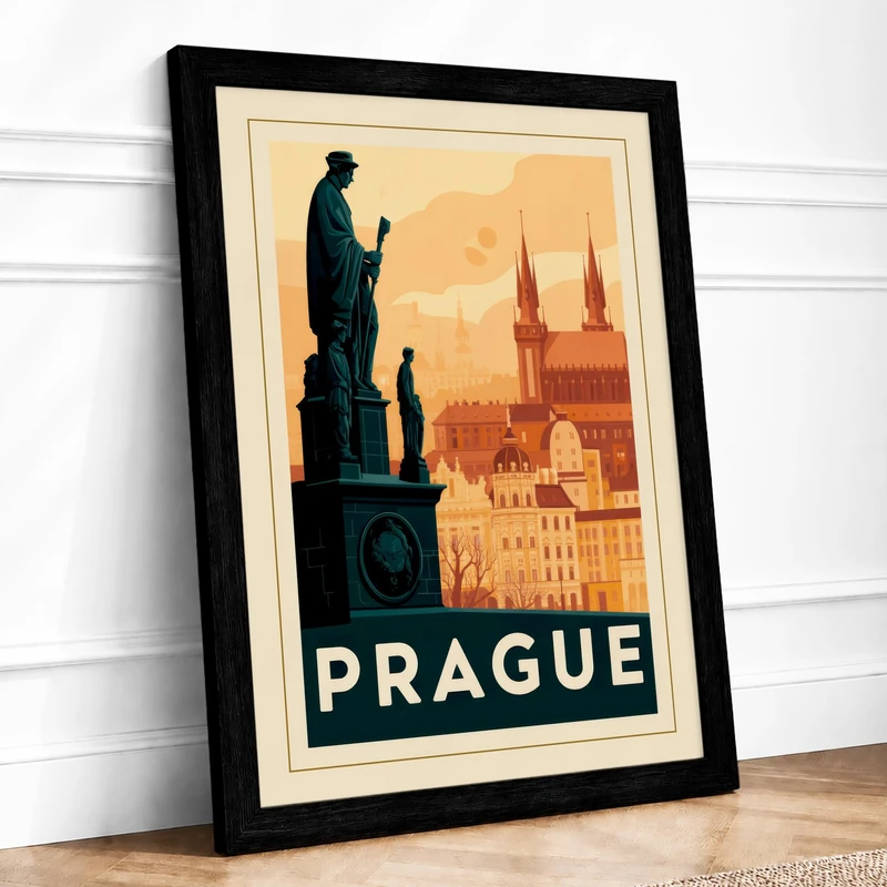 Postcard from Prague Vintage Framed Wall Art Print A1 (84.1×59.4cm) Black, Wall Decor for Living Room, Bedroom, Office & Home, Ready to Hang, Art Gift