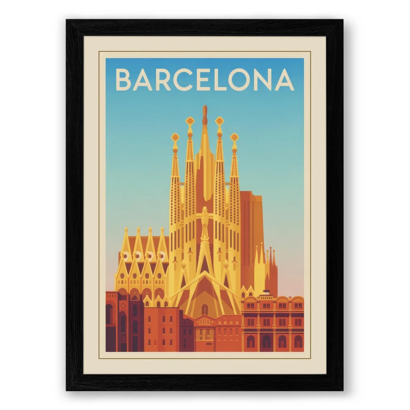 Postcard from Barcelona Vintage Framed Wall Art Print A1 (84.1×59.4cm) Black, Wall Decor for Living Room, Bedroom, Office & Home, Ready to Hang, Art Gift - Image 1