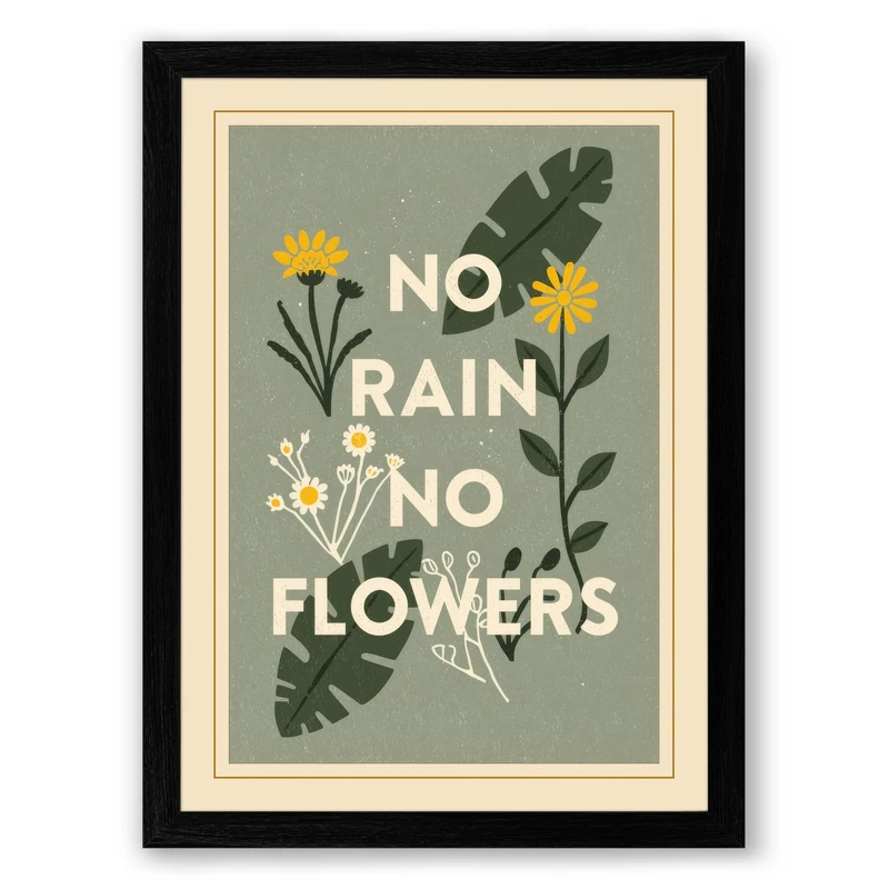 No Rain No Flowers Botanical Framed Wall Art Print A1 (84.1×59.4cm) Black, Wall Decor for Living Room, Bedroom, Office & Home, Ready to Hang, Art Gift