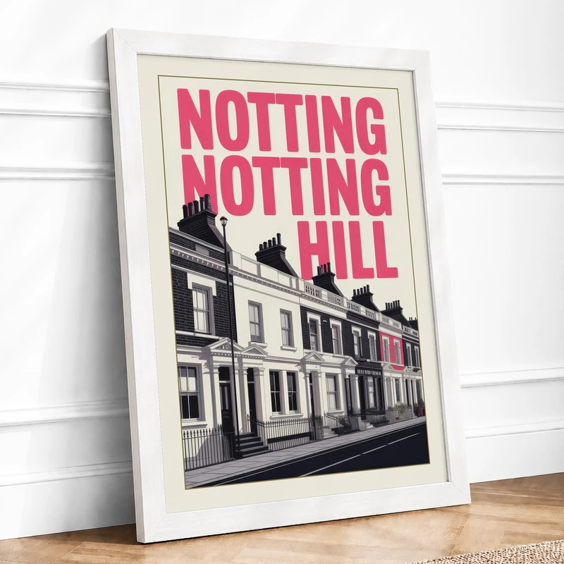 Notting Hill Typography Poster Modern Framed Wall Art Print A1 (84.1×59.4cm) White, Wall Decor for Living Room, Bedroom, Office & Home, Ready to Hang, Art Gift