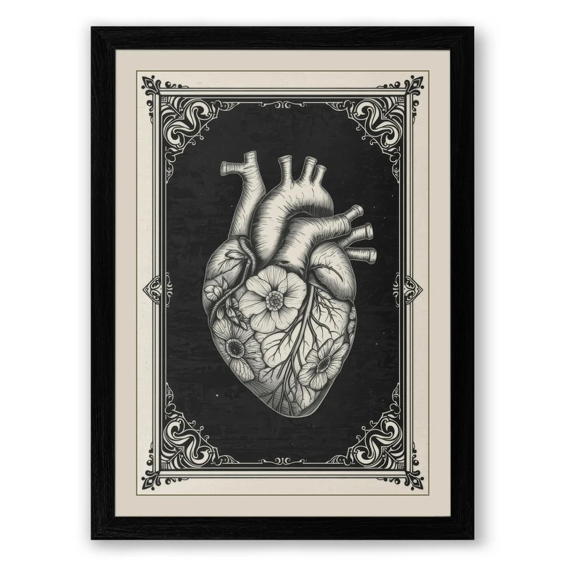 Anatomical Heart in Frame Vintage Framed Wall Art Print A1 (84.1×59.4cm) Black, Wall Decor for Living Room, Bedroom, Office & Home, Ready to Hang, Art Gift