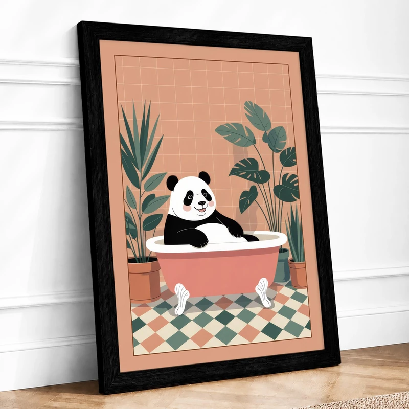 Panda in the Tub Modern Framed Wall Art Print A1 (84.1×59.4cm) Black, Wall Decor for Living Room, Bedroom, Office & Home, Ready to Hang, Art Gift