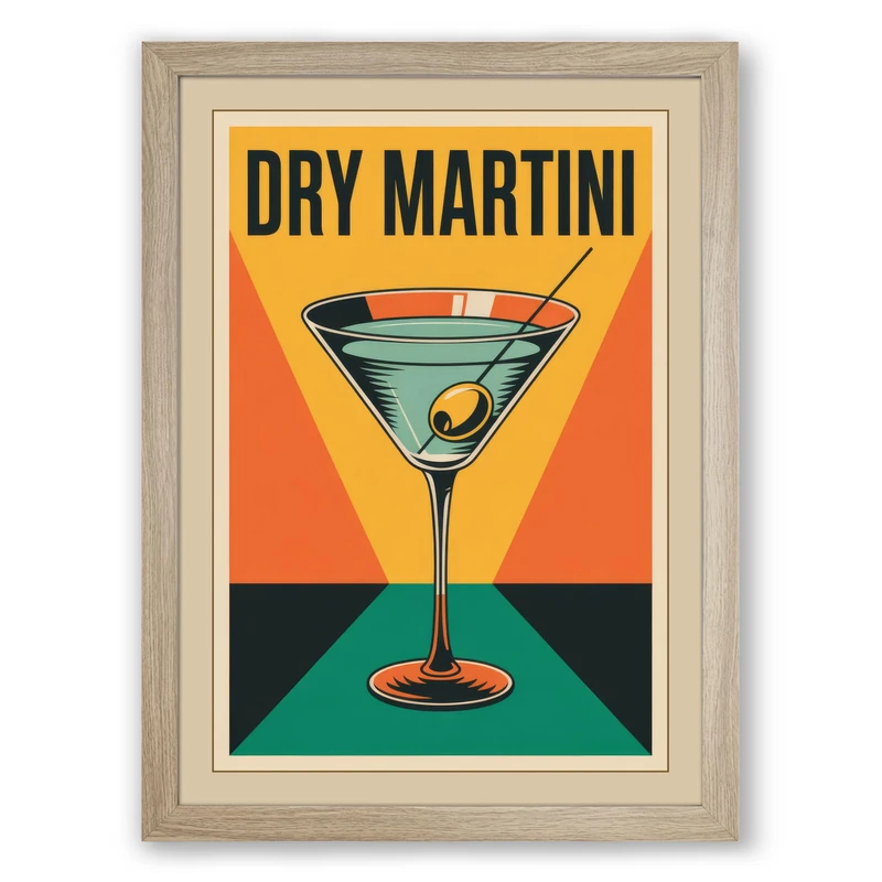 Dry Martini Poster Art Deco Framed Wall Art Print A1 (84.1×59.4cm) Oak, Wall Decor for Living Room, Bedroom, Office & Home, Ready to Hang, Art Gift
