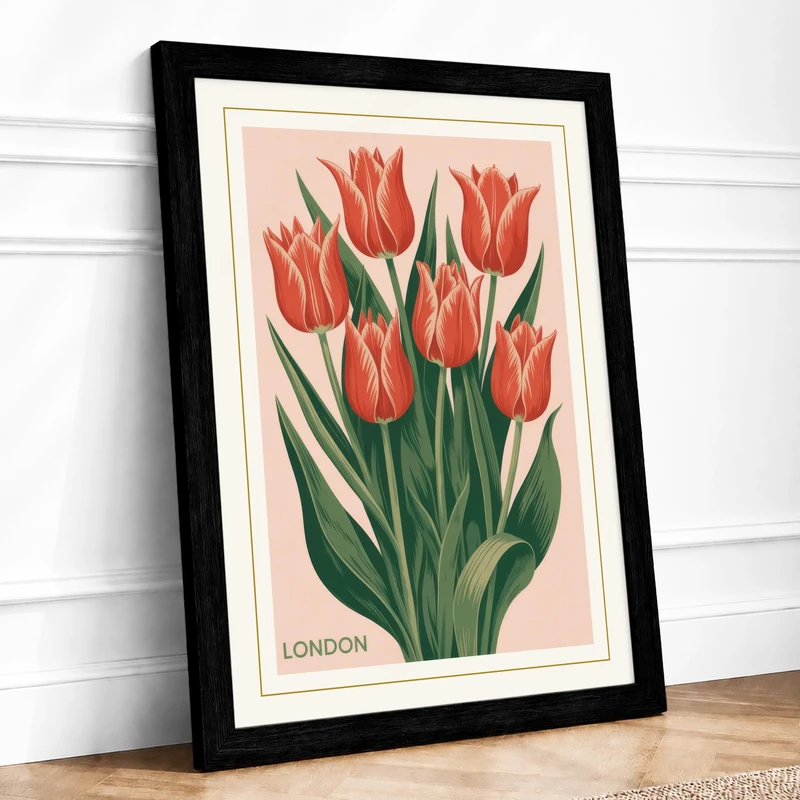 London Tulips Botanical Framed Wall Art Print A1 (84.1×59.4cm) Black, Wall Decor for Living Room, Bedroom, Office & Home, Ready to Hang, Art Gift - Image 1