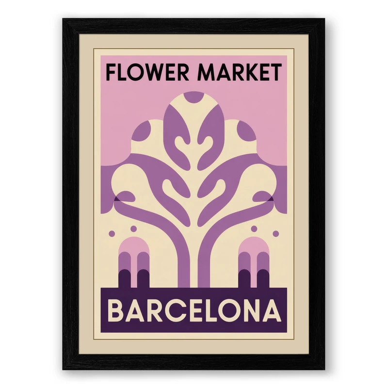 Barcelona Flower Market Vintage Framed Wall Art Print A1 (84.1×59.4cm) Black, Wall Decor for Living Room, Bedroom, Office & Home, Ready to Hang, Art Gift