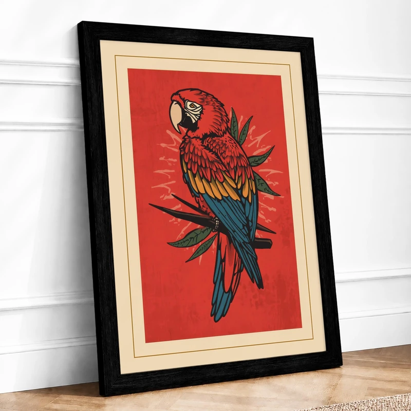 Macaw on Branch Botanical Framed Wall Art Print A1 (84.1×59.4cm) Black, Wall Decor for Living Room, Bedroom, Office & Home, Ready to Hang, Art Gift