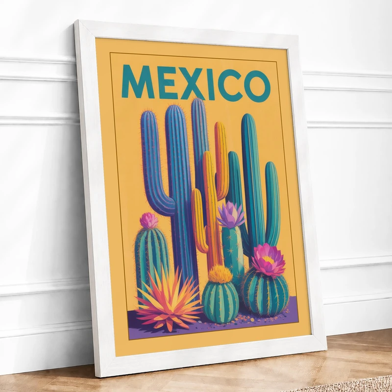 Mexico Desert Blooms Retro Framed Wall Art Print A1 (84.1×59.4cm) White, Wall Decor for Living Room, Bedroom, Office & Home, Ready to Hang, Art Gift - Image 1