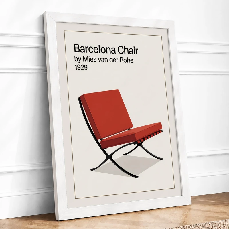 Barcelona Chair Modernist Mid-Century Framed Wall Art Print A1 (84.1×59.4cm) White, Wall Decor for Living Room, Bedroom, Office & Home, Ready to Hang, Art Gift - Image 1