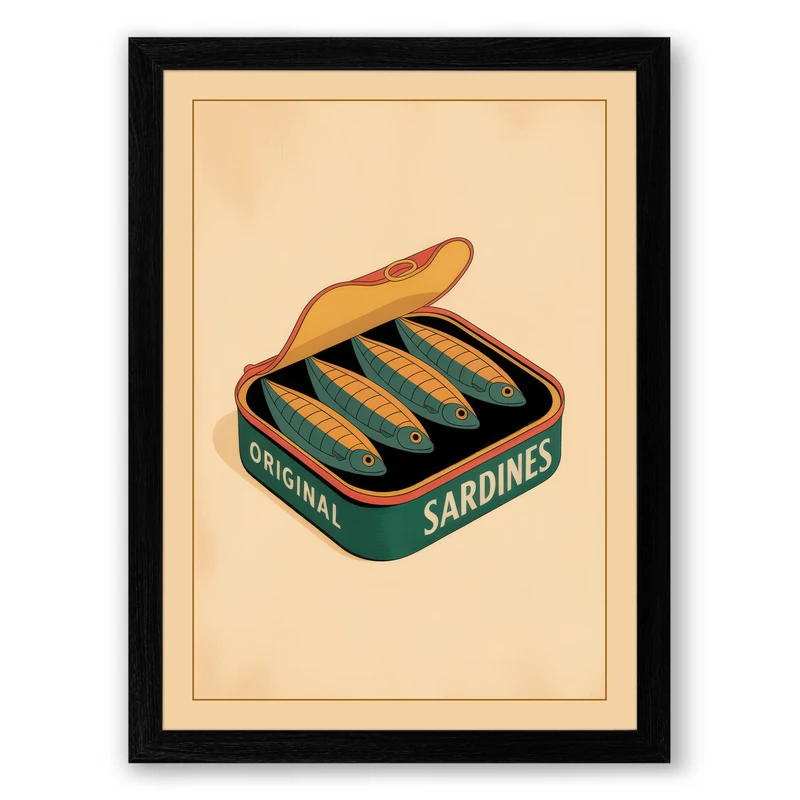 Sardine Tin Vintage Framed Wall Art Print A1 (84.1×59.4cm) Black, Wall Decor for Living Room, Bedroom, Office & Home, Ready to Hang, Art Gift