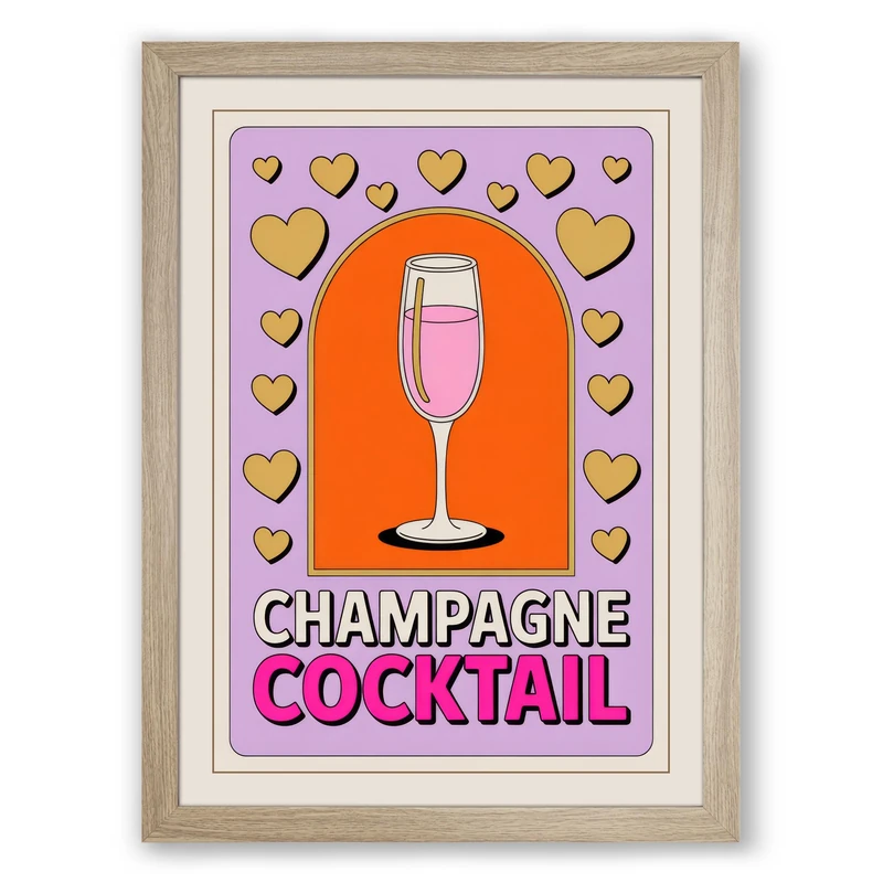 Champagne Celebration Typography Framed Wall Art Print A1 (84.1×59.4cm) Oak, Wall Decor for Living Room, Bedroom, Office & Home, Ready to Hang, Art Gift - Image 1
