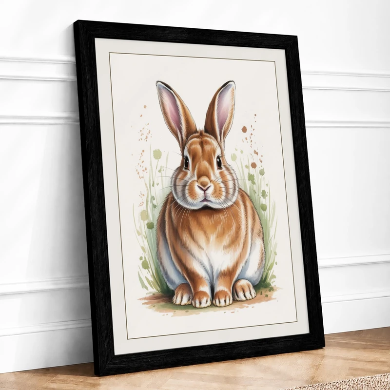 Gentle Rabbit Botanical Framed Wall Art Print A1 (84.1×59.4cm) Black, Wall Decor for Living Room, Bedroom, Office & Home, Ready to Hang, Art Gift