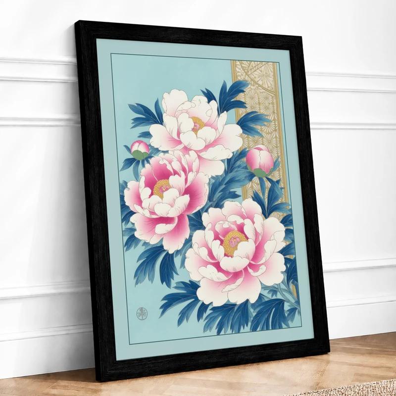 Peony Study Botanical Framed Wall Art Print A1 (84.1×59.4cm) Black, Wall Decor for Living Room, Bedroom, Office & Home, Ready to Hang, Art Gift