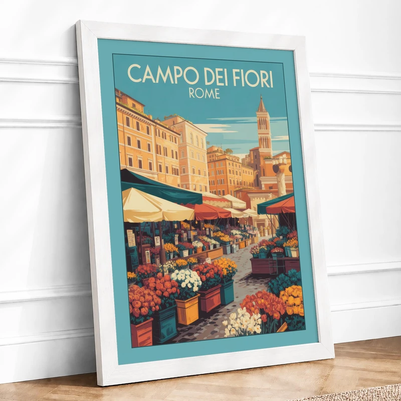 Postcard from Campo dei Fiori Vintage Framed Wall Art Print A1 (84.1×59.4cm) White, Wall Decor for Living Room, Bedroom, Office & Home, Ready to Hang, Art Gift - Image 1