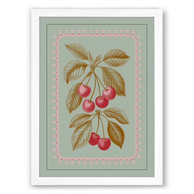 Cherry Study Botanical Framed Wall Art Print A1 (84.1×59.4cm) White, Wall Decor for Living Room, Bedroom, Office & Home, Ready to Hang, Art Gift