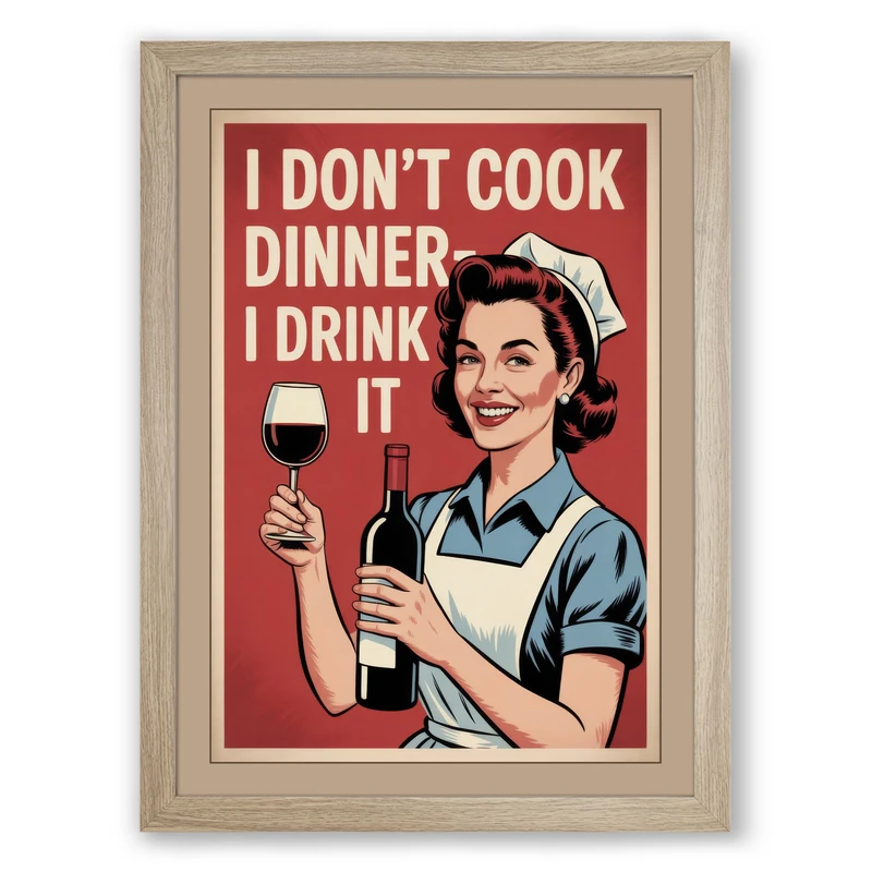 Wine Not Dinner Retro Framed Wall Art Print A1 (84.1×59.4cm) Oak, Wall Decor for Living Room, Bedroom, Office & Home, Ready to Hang, Art Gift