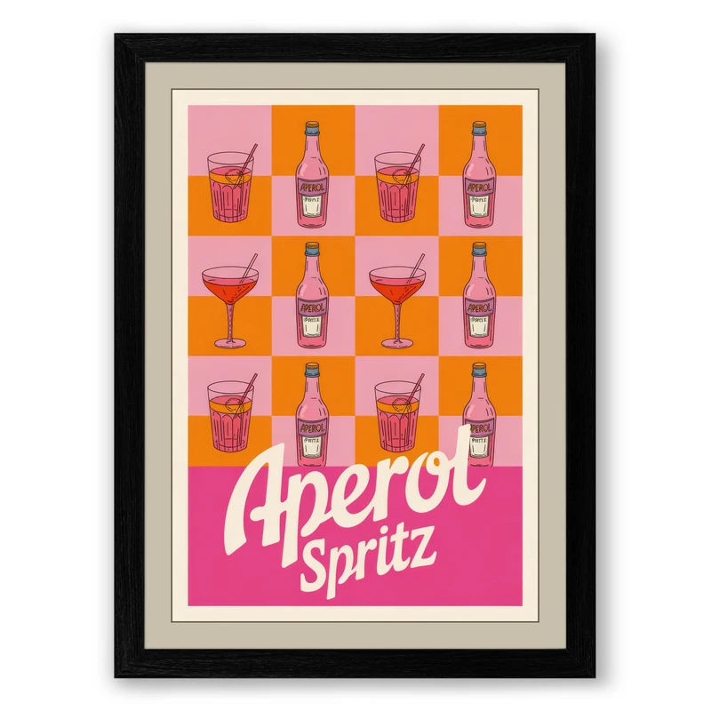 Aperol Spritz Grid Retro Framed Wall Art Print A1 (84.1×59.4cm) Black, Wall Decor for Living Room, Bedroom, Office & Home, Ready to Hang, Art Gift