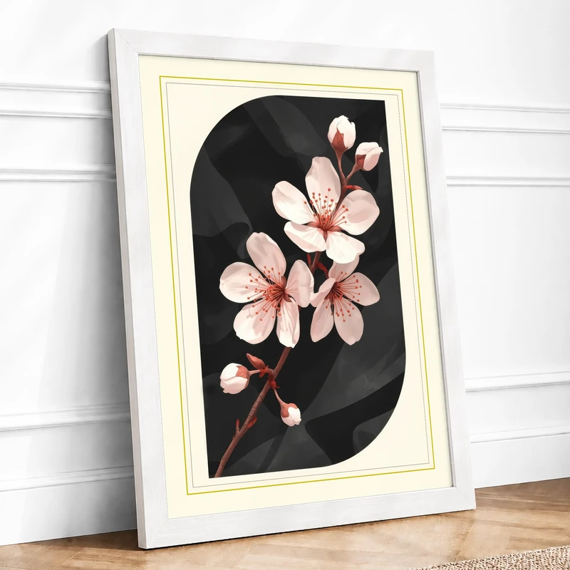 Cherry Blossoms in Black Botanical Framed Wall Art Print A1 (84.1×59.4cm) White, Wall Decor for Living Room, Bedroom, Office & Home, Ready to Hang, Art Gift