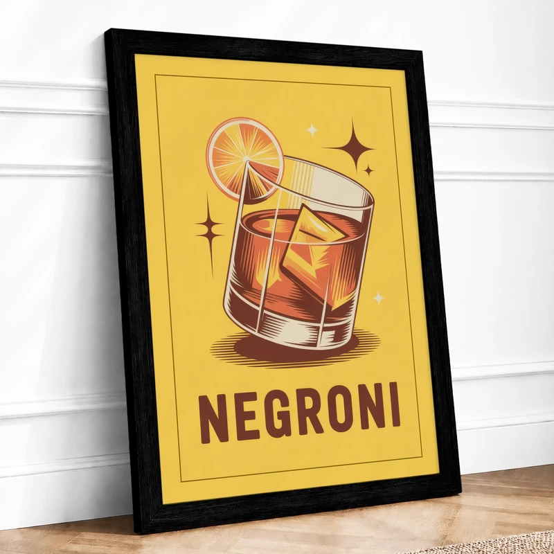 Negroni Cocktail Poster Retro Framed Wall Art Print A1 (84.1×59.4cm) Black, Wall Decor for Living Room, Bedroom, Office & Home, Ready to Hang, Art Gift