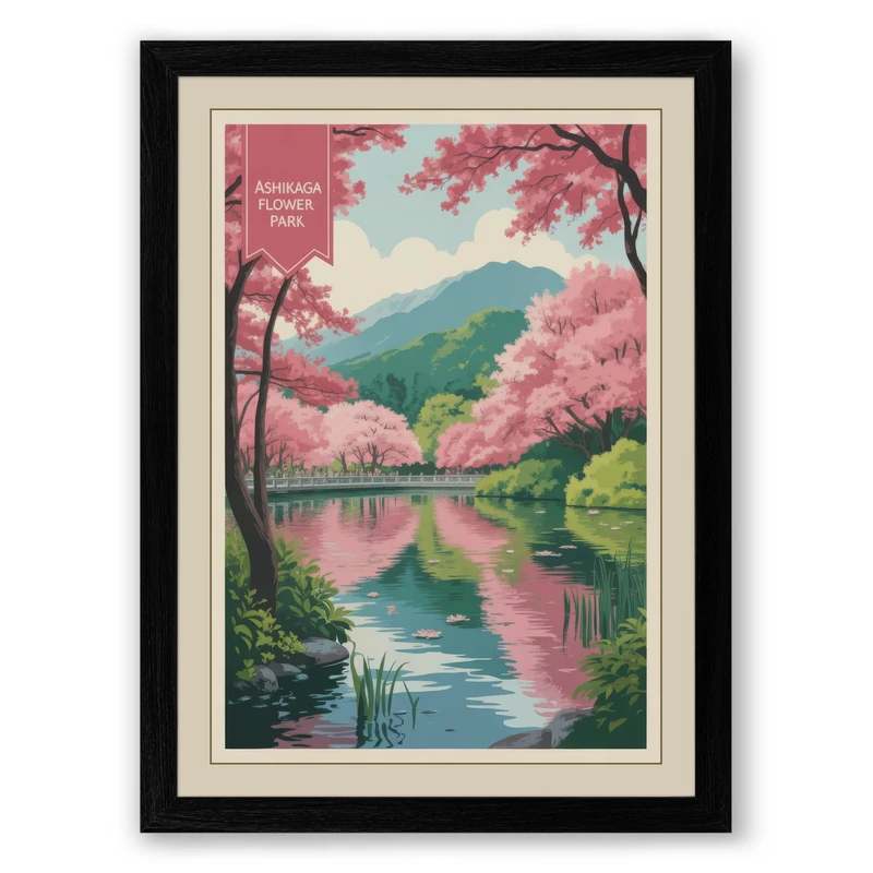 Riverside Cherry Blossom Vintage Framed Wall Art Print A1 (84.1×59.4cm) Black, Wall Decor for Living Room, Bedroom, Office & Home, Ready to Hang, Art Gift - Image 1