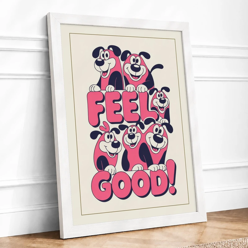 Feel Good Dogs Retro Framed Wall Art Print A1 (84.1×59.4cm) White, Wall Decor for Living Room, Bedroom, Office & Home, Ready to Hang, Art Gift - Image 1