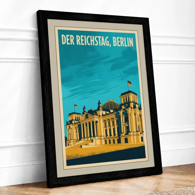 Reichstag, Berlin Art Deco Framed Wall Art Print A1 (84.1×59.4cm) Black, Wall Decor for Living Room, Bedroom, Office & Home, Ready to Hang, Art Gift - Image 1