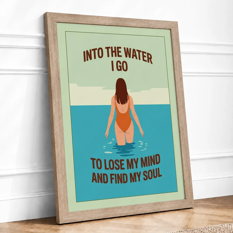 Into The Water I Go Coastal Framed Wall Art Print A1 (84.1×59.4cm) Oak, Wall Decor for Living Room, Bedroom, Office & Home, Ready to Hang, Art Gift - Image 1