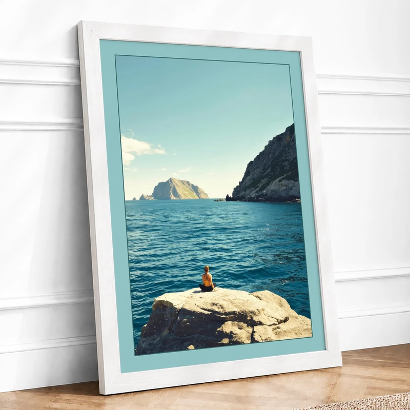 Solitary Gaze at Sea Coastal Framed Wall Art Print A1 (84.1×59.4cm) White, Wall Decor for Living Room, Bedroom, Office & Home, Ready to Hang, Art Gift - Image 1