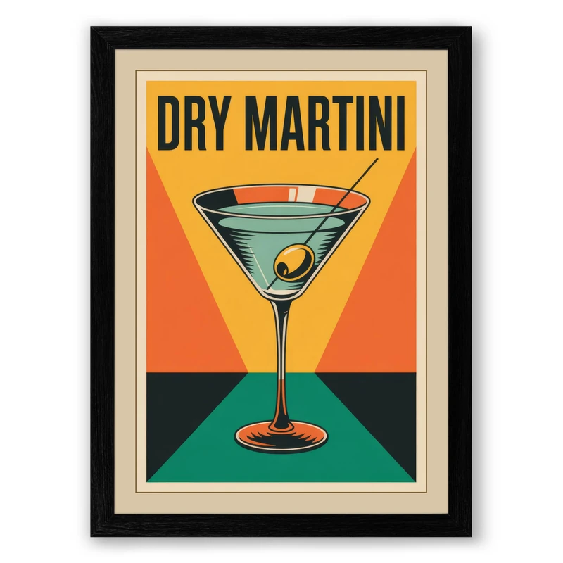 Dry Martini Poster Art Deco Framed Wall Art Print A1 (84.1×59.4cm) Black, Wall Decor for Living Room, Bedroom, Office & Home, Ready to Hang, Art Gift