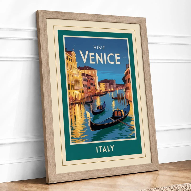 Postcard from Venice Vintage Framed Wall Art Print A1 (84.1×59.4cm) Oak, Wall Decor for Living Room, Bedroom, Office & Home, Ready to Hang, Art Gift