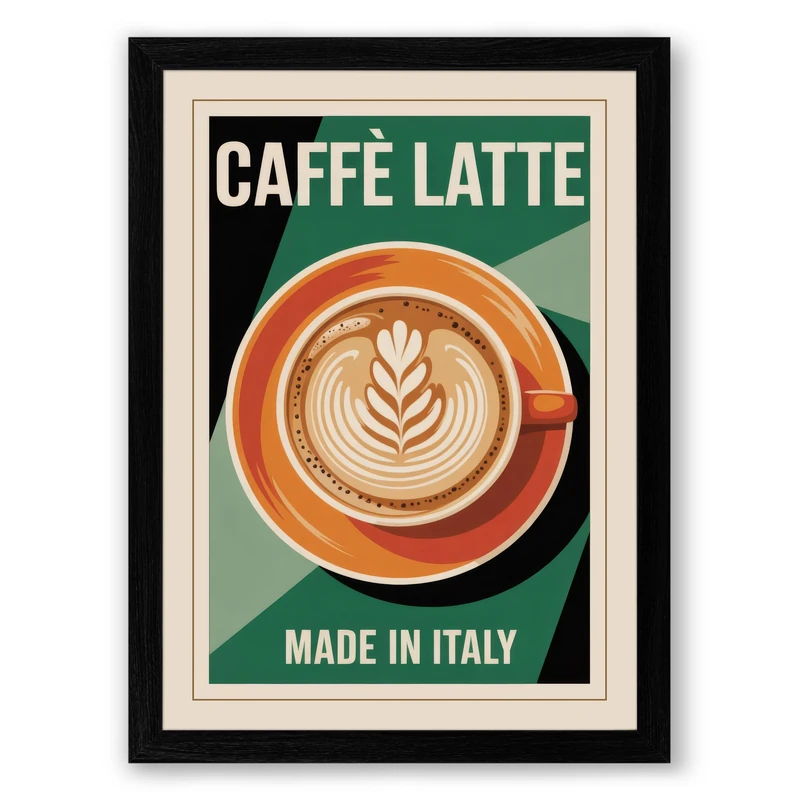 Caffè Latte Poster Vintage Framed Wall Art Print A1 (84.1×59.4cm) Black, Wall Decor for Living Room, Bedroom, Office & Home, Ready to Hang, Art Gift