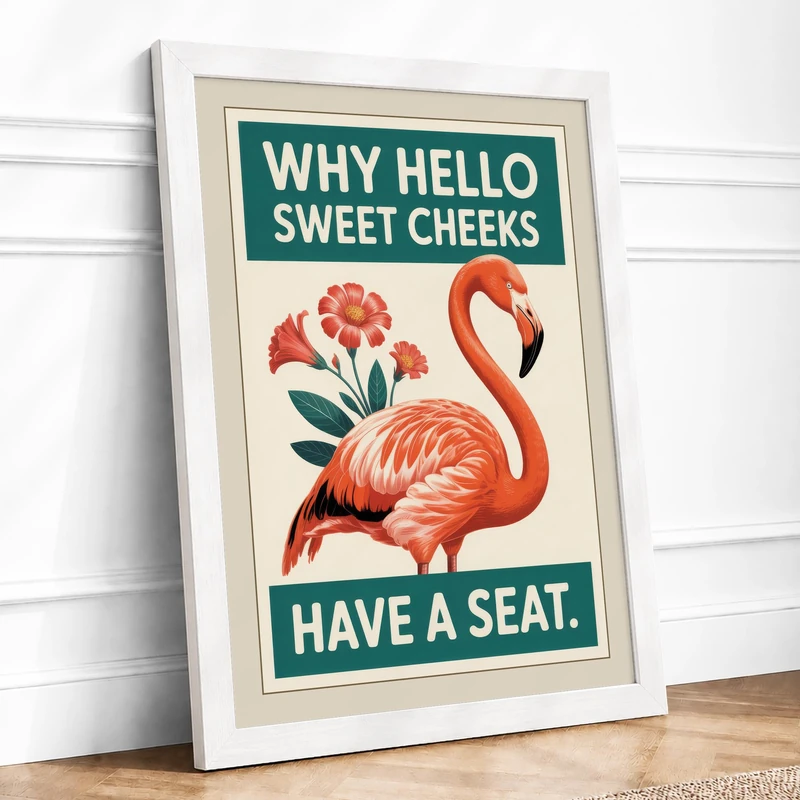 Flamingo Welcome Retro Framed Wall Art Print A1 (84.1×59.4cm) White, Wall Decor for Living Room, Bedroom, Office & Home, Ready to Hang, Art Gift - Image 1
